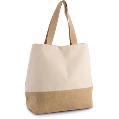 Elegante Baumwoll Jute Shoppingtasche unten Jute laminiert oben Canvas in der Farbe natur mit Innentasche und gewebten Henkeln