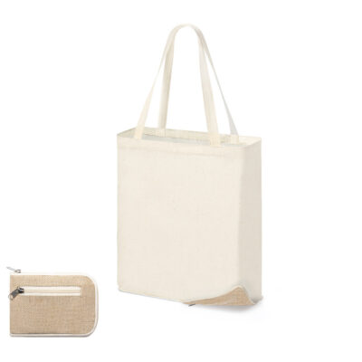 Faltbare Jute-Baumwolltasche Dylan in Natur – 110 g/m² Baumwolle mit Juteboden, 34,5x39x10 cm, lange Henkel 57 cm, bis 8 kg belastbar, bedrucken