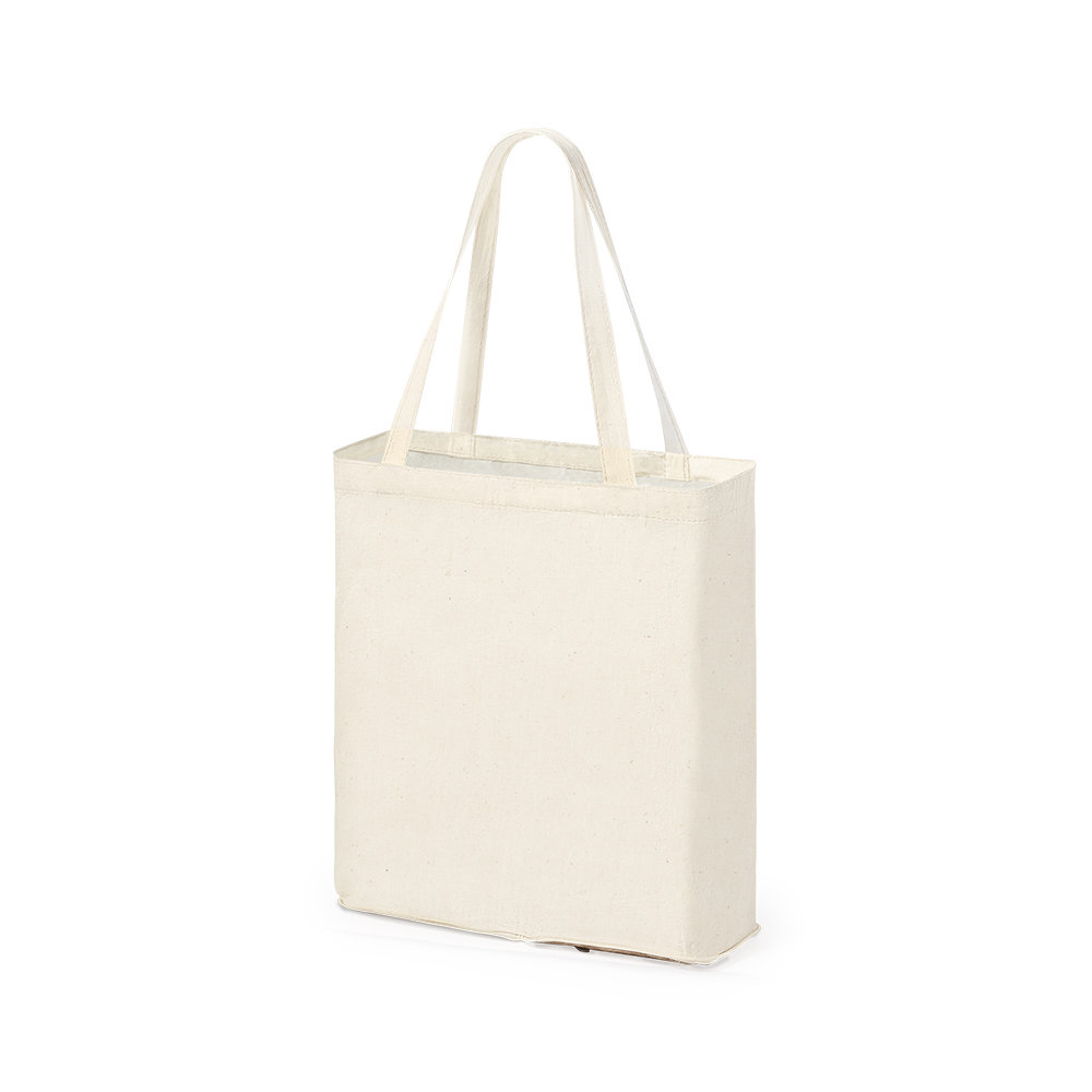 Faltbare Jute-Baumwolltasche Dylan in Natur – Seitenansicht mit Boden- und Seitenfalte 10 cm, Juteboden, 34,5x39x10 cm, lange Henkel, bedrucken