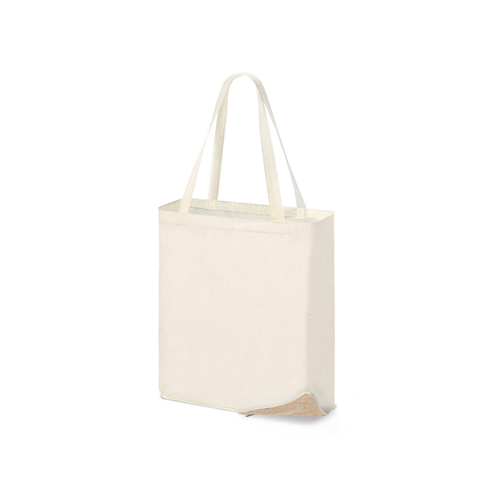 Faltbare Jute-Baumwolltasche Dylan in Natur – entfaltet, Baumwollkörper mit Juteboden sichtbar, 34,5x39x10 cm, Druckfläche max. 20x28 cm, bedruckbar