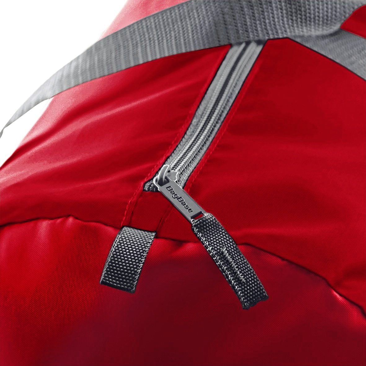 BG150 Packaway Barrel Bag bedrucken – Detailansicht Reißverschluss in Rot