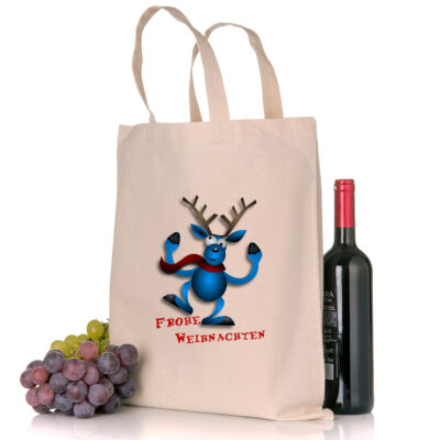 Baumwolltasche Weihnachtsmotiv Rentier lustig Geschenktasche in der Farbe natur mit Weihnachtsmotiv in Standard- oder Bio-/Fairtrade-Qualität und mit langen Henkeln