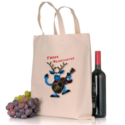 Geschenktasche Weihnachtsmotiv Rentier mit Gitarre frohe Weihnachten in der Farbe natur mit Weihnachtsmotiv in Standard- oder Bio-/Fairtrade-Qualität und mit langen Henkeln
