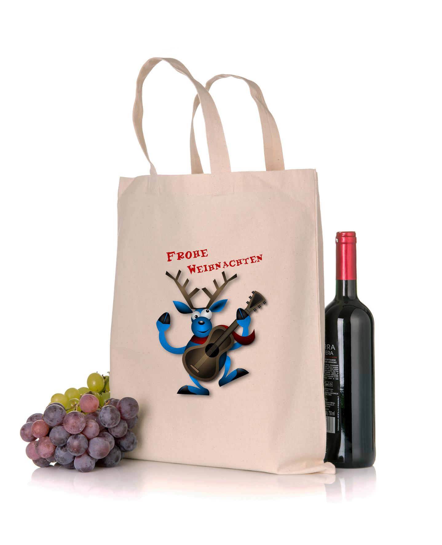 Geschenktasche Weihnachtsmotiv Rentier mit Gitarre frohe Weihnachten in der Farbe natur mit Weihnachtsmotiv in Standard- oder Bio-/Fairtrade-Qualität und mit langen Henkeln