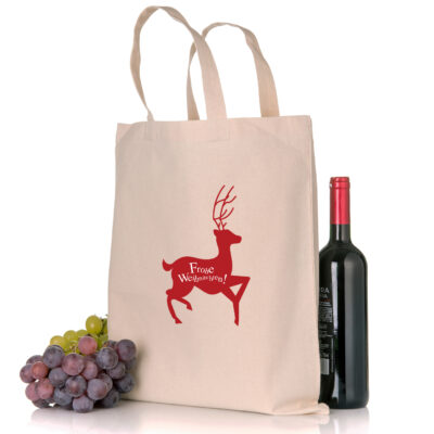 Jutebeutel Weihnachtsmotiv Rentier rot Weihnachtstüte in der Farbe natur mit Weihnachtsmotiv in Standard- oder Bio-/Fairtrade-Qualität und mit langen Henkeln