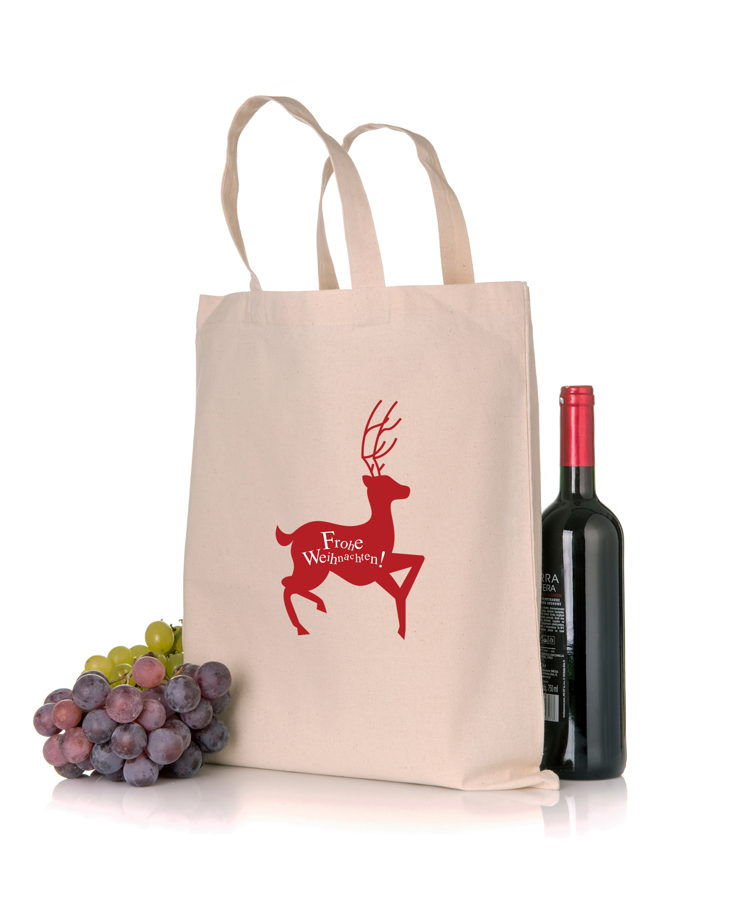 Jutebeutel Weihnachtsmotiv Rentier rot Weihnachtstüte in der Farbe natur mit Weihnachtsmotiv in Standard- oder Bio-/Fairtrade-Qualität und mit langen Henkeln