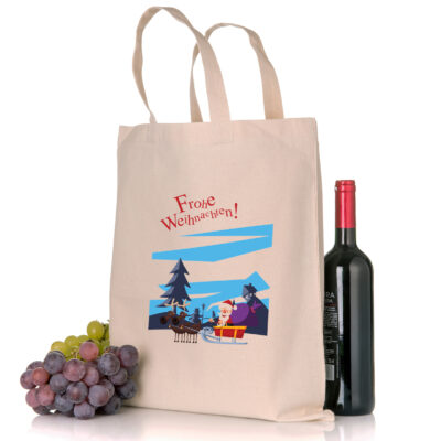 Schicke Weihnachtstasche Nikolaus Stoffbeutel in der Farbe natur mit Weihnachtsmotiv in Standard- oder Bio-/Fairtrade-Qualität und mit langen Henkeln