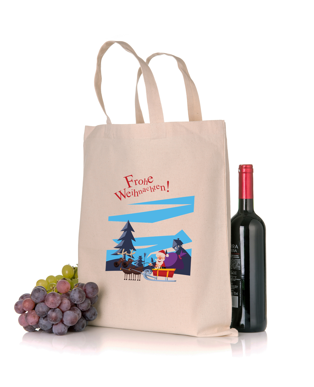 Schicke Weihnachtstasche Nikolaus Stoffbeutel in der Farbe natur mit Weihnachtsmotiv in Standard- oder Bio-/Fairtrade-Qualität und mit langen Henkeln