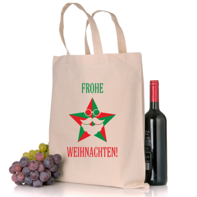 Tragetasche Weihnachtsmotiv rot grün frohe Weihnachten Stofftasche in der Farbe natur mit Weihnachtsmotiv in Standard- oder Bio-/Fairtrade-Qualität und mit langen Henkeln