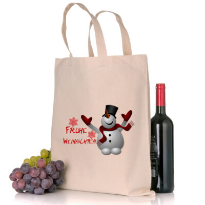 Weihnachtstasche Geschenktasche Schneemann Baumwolltasche in der Farbe natur mit Weihnachtsmotiv in Standard- oder Bio-/Fairtrade-Qualität und mit langen Henkeln
