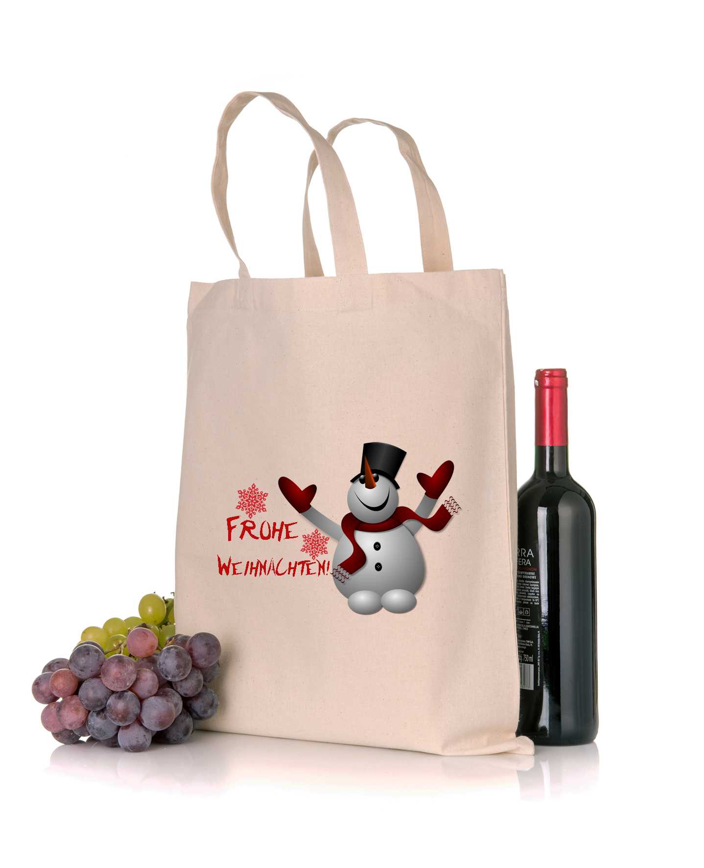 Weihnachtstasche Geschenktasche Schneemann Baumwolltasche in der Farbe natur mit Weihnachtsmotiv in Standard- oder Bio-/Fairtrade-Qualität und mit langen Henkeln