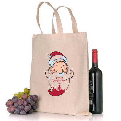 Weihnachtstüte Nikolaus Stofftasche in der Farbe natur mit Weihnachtsmotiv in Standard- oder Bio-/Fairtrade-Qualität und mit langen Henkeln