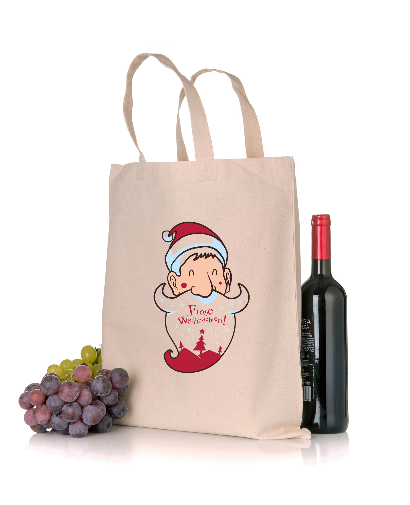 Weihnachtstüte Nikolaus Stofftasche in der Farbe natur mit Weihnachtsmotiv in Standard- oder Bio-/Fairtrade-Qualität und mit langen Henkeln