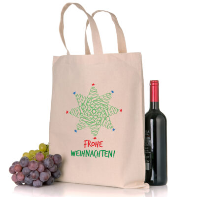 Weihnachtstüte Stoffbeutel grüner Stern frohe Weihnachten in der Farbe natur mit Weihnachtsmotiv in Standard- oder Bio-/Fairtrade-Qualität und mit langen Henkeln