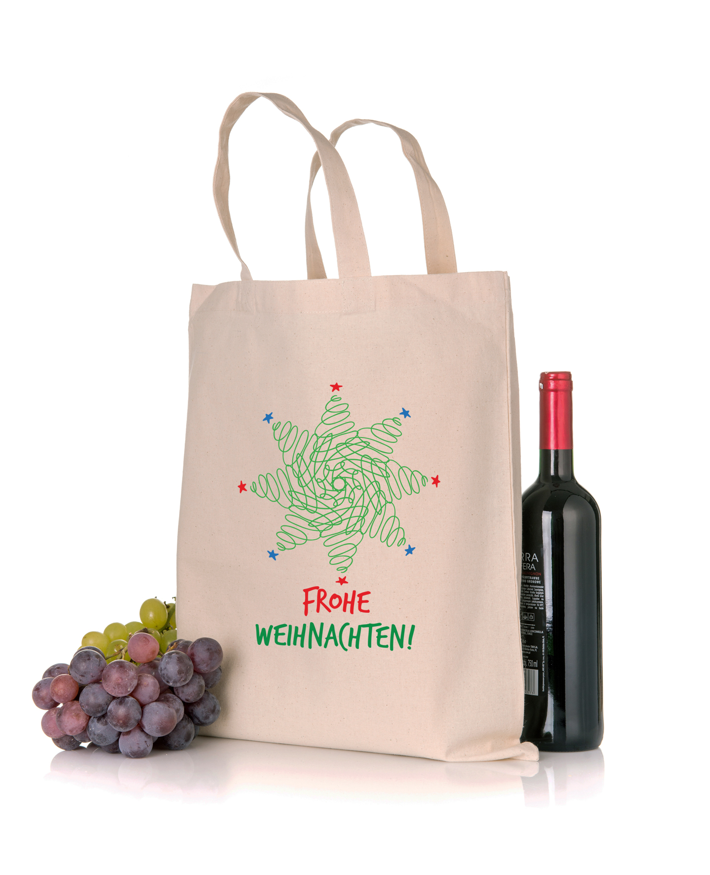 Weihnachtstüte Stoffbeutel grüner Stern frohe Weihnachten in der Farbe natur mit Weihnachtsmotiv in Standard- oder Bio-/Fairtrade-Qualität und mit langen Henkeln