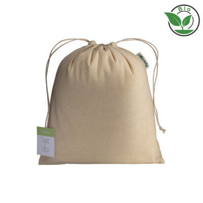 Zugbeutel BIO-Baumwolle vegan in Natur – 140 g/m² Organic Cotton, Größe M 30x45 cm, doppelter Kordelzug, Außenlabel organic cotton, Papieranhänger, bedrucken
