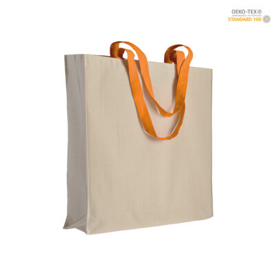 Baumwollshopper Erice Premium natur in Natur-Orange – 220 g/m² Baumwolle, 38x42x8 cm, lange farbige Henkel, Bodenfalte, Kreuznähte, bedruckbar