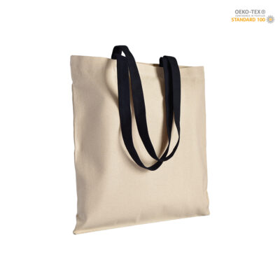 Baumwolltasche Terni Premium natur in Natur-Schwarz – 220 g/m² Baumwolle, 38x42 cm, schwarze lange Henkel 70 cm, Kreuznähte, bedruckbar