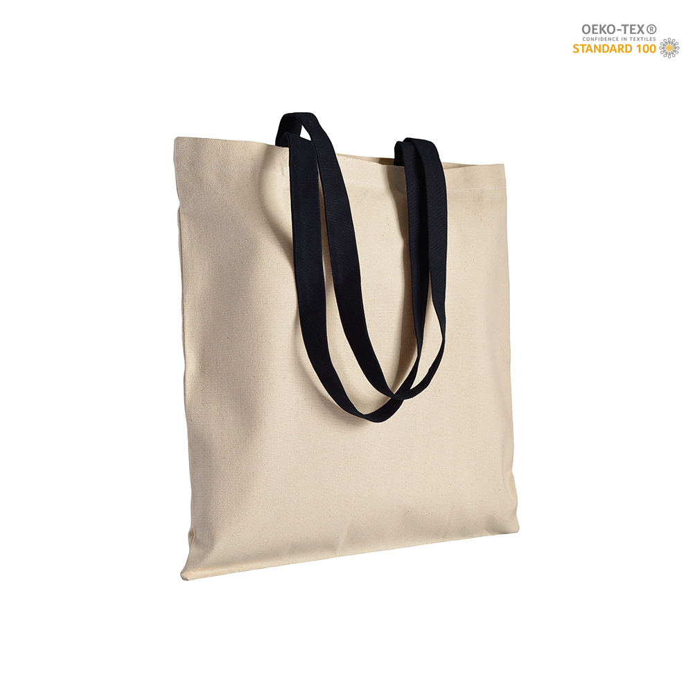 Baumwolltasche Terni Premium natur in Natur-Schwarz – 220 g/m² Baumwolle, 38x42 cm, schwarze lange Henkel 70 cm, Kreuznähte, bedruckbar