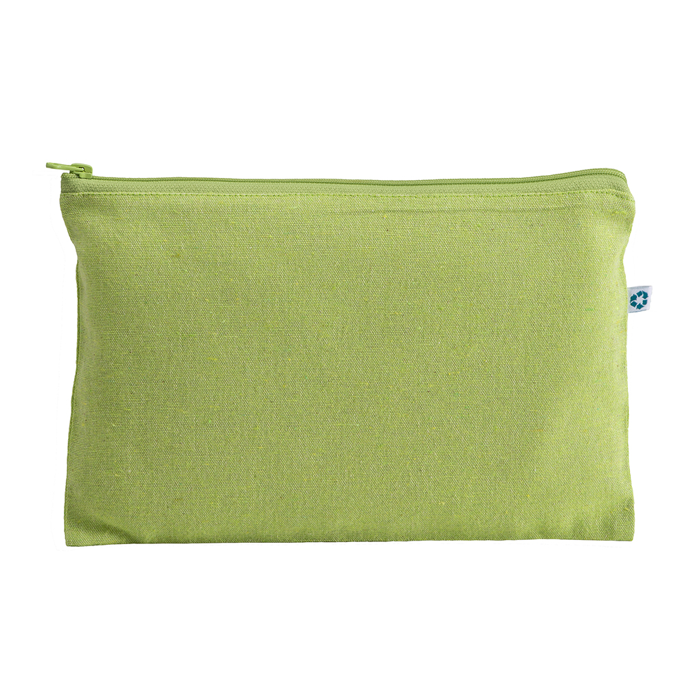 Kosmetiktasche Pula recycling Baumwolle in Grün – 150 g/m², 26x17 cm, meliert, Reißverschluss, jetzt bedrucken