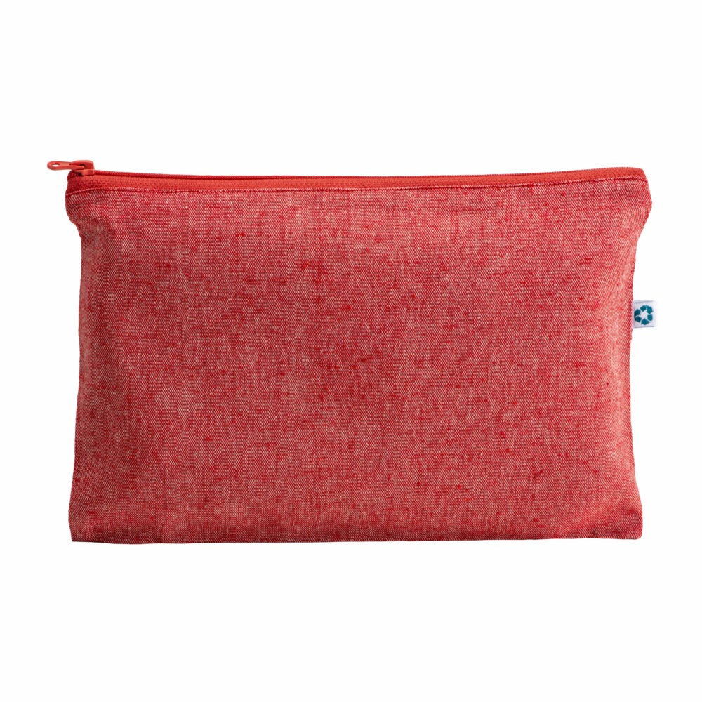 Kosmetiktasche Pula recycling Baumwolle in Rot – 150 g/m², 26x17 cm, meliert, Reißverschluss, jetzt bedrucken