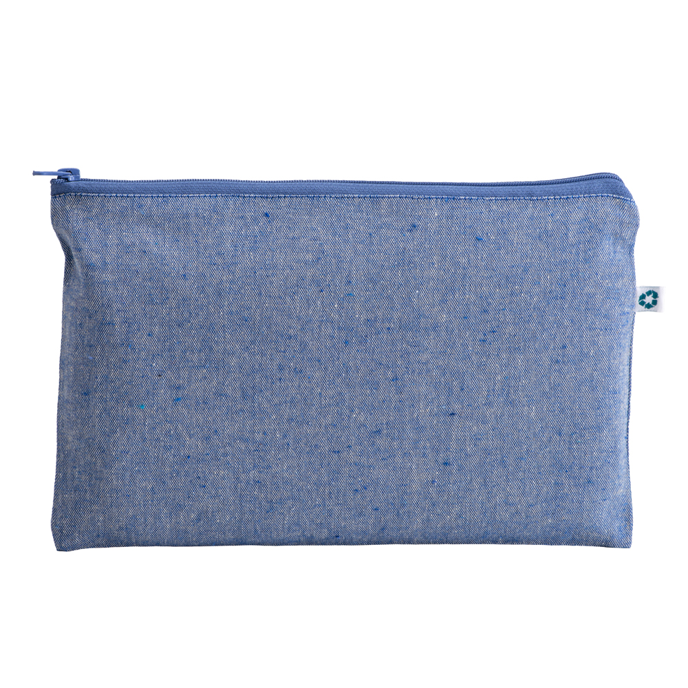 Kosmetiktasche Pula recycling Baumwolle in Blau – 150 g/m², 26x17 cm, meliert, Reißverschluss, jetzt bedrucken