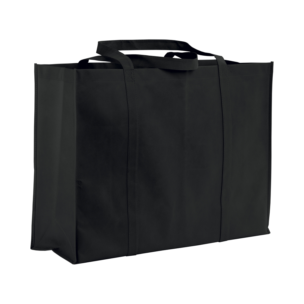 Nonwoven Shopper Flavin XXL in Schwarz – Detailansicht verstärkte Henkel mit Kreuznähten, 100 g/m² PP-Vlies, bedrucken