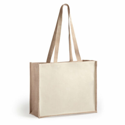 Jute Canvas Tragetasche Rotin Farbe natur mit langen gewebten Baumwollhenkeln