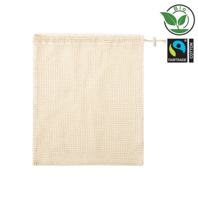 Bio Netz-Stoff-Beutel Fairtrade Baumwolle in Natur – 140 g/m², 3 Größen XS 10x15 cm / S 17x20 cm / M 25x30 cm, Baumwollnetz & Stoffseite, Doppelkordelzug, bedrucken