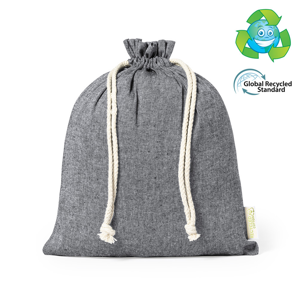 Geschenkbeutel Zuziehbeutel recycled cotton Größe M in Schwarz Murfix mit Logo bedrucken taschenprint.de