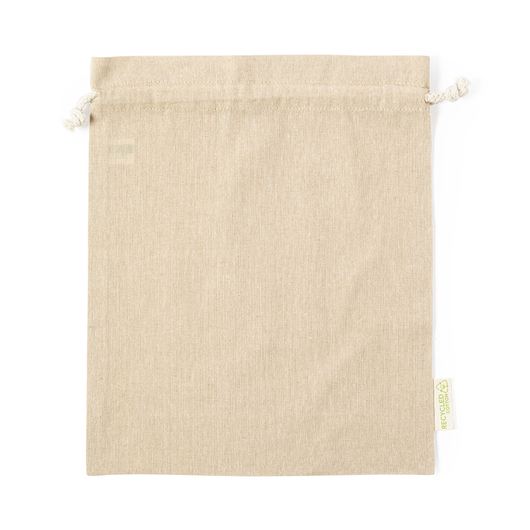 Geschenkbeutel Zuziehbeutel recycled cotton Größe M in Natur Murfix als Flachansicht mit Logo bedrucken taschenprint.de