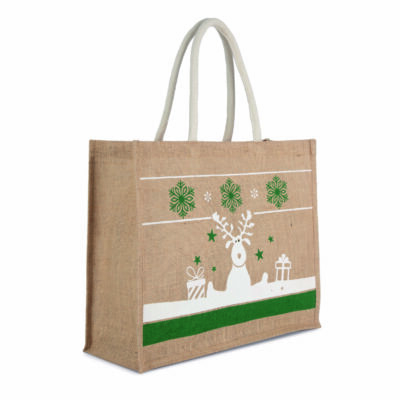 Weihnachtstasche Jutetasche mit Weihnachtsmotiv mit Rentier und Geschenke in weiß und grüne Schneeflocken Ki0736