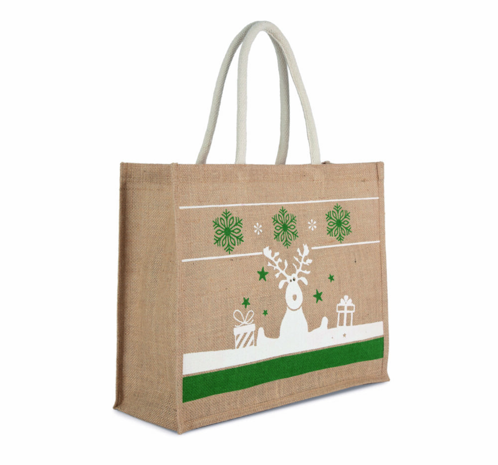 Weihnachtstasche Jutetasche mit Weihnachtsmotiv mit Rentier und Geschenke in weiß und grüne Schneeflocken Ki0736