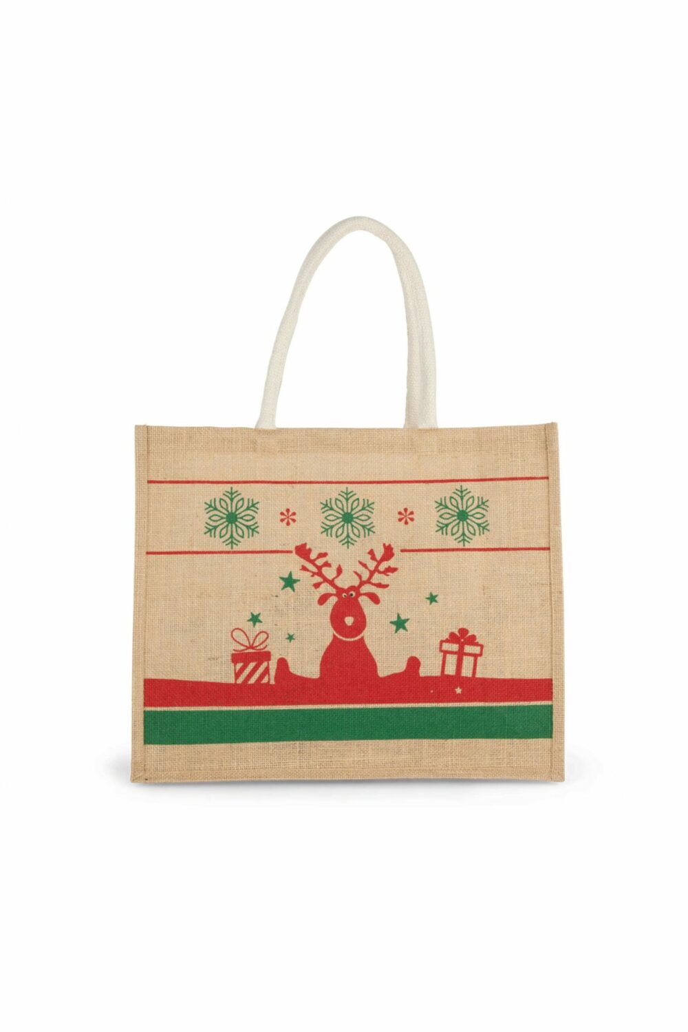 Weihnachtstasche Jutetasche mit Weihnachtsmotiv in der Farbe Naturjute mit grünem und rotem Weihnachtsmotiv