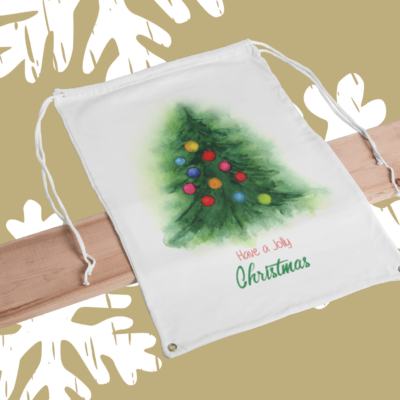 Baumwollsäckchen Tannenbaum Jolly Christmas Geschenkbeutel naturfarben mit bunten Tannen-Motiv