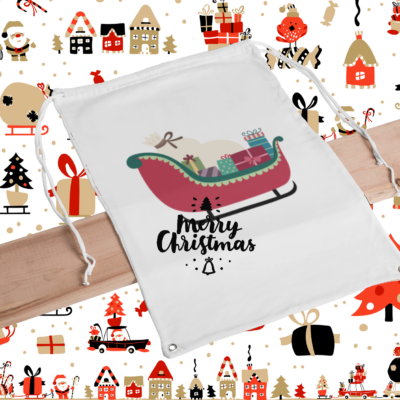 Weihnachtssäckchen Schlitten voller Geschenke ein naturfarbener Geschenkbeutel mit Weihnachtsmotiv