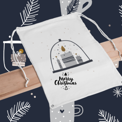 Weihnachtssäckchen Kerzen Merry Christmas Geschenkbeutel Baumwolle naturfarben mit Hygge Weihnachtsmotiv