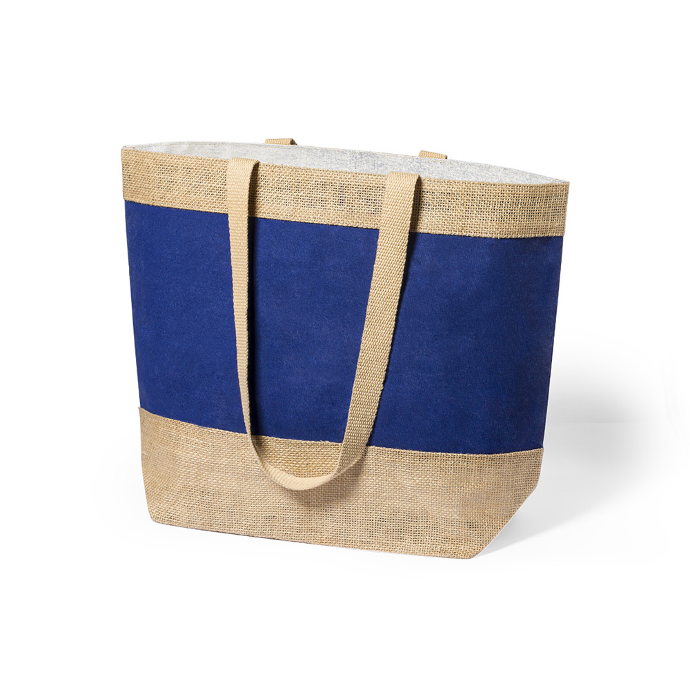 Baumwolle-Jute Canvasshopper Raxnal laminiert Farbe natur und dunkelblau mit flachen Baumwollhenkeln bei taschenprint.de