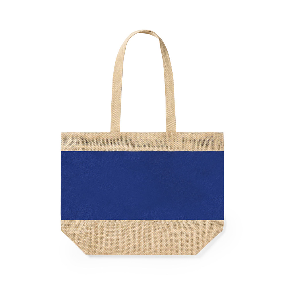Baumwoll-Jute-Shopper Raxnal zweifarbig natur und royalblau innen laminiert mit langen Griffen bei taschenprint.de