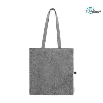 Faltbare Einkaufstasche Biyon recycelte Baumwolle in schwarz – 120 g/m², 38x42 cm, GRS-zertifiziert, lange Henkel 70 cm, bedrucken