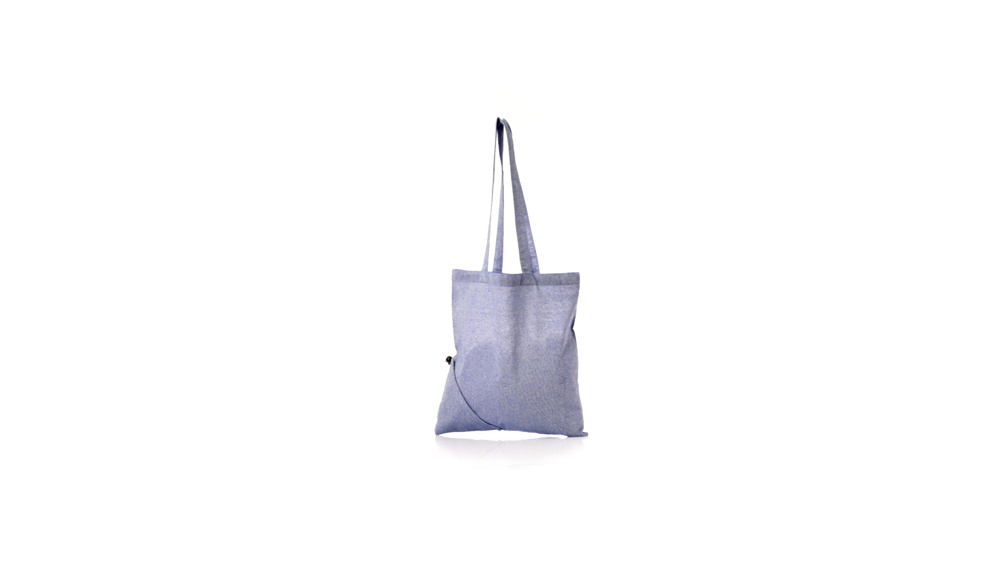 Faltbare Einkaufstasche Biyon recycelte Baumwolle in Royalblau – 120 g/m², 38x42 cm, GRS-zertifiziert, Außenetikett recycelte Baumwolle, bedruckbar