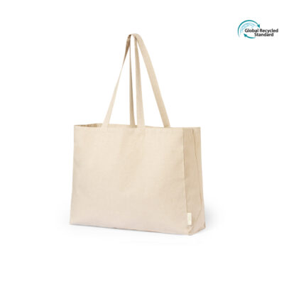 Shoppingtasche Framos recycelte Baumwolle in Natur – 240 g/m², 43x35x14 cm, GRS-zertifiziert, Außenlabel, Boden- und Seitenfalte, bedrucken