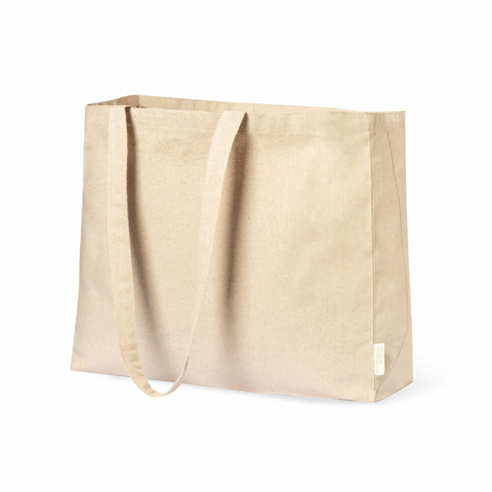 Shoppingtasche Framos recycelte Baumwolle in Natur – 240 g/m², 45x35x14 cm, GRS-zertifiziert, Außenlabel, Boden- und Seitenfalte, Seitenansicht, bedrucken
