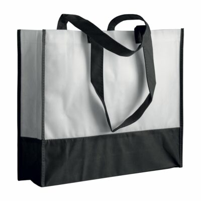 Boutiquetasche Livigno zweifarbig Non-Woven PP-Vlies in Weiß-Schwarz – 80 g/m², 35x40x12 cm, schwarze Henkel und Paspeln, bedruckbar