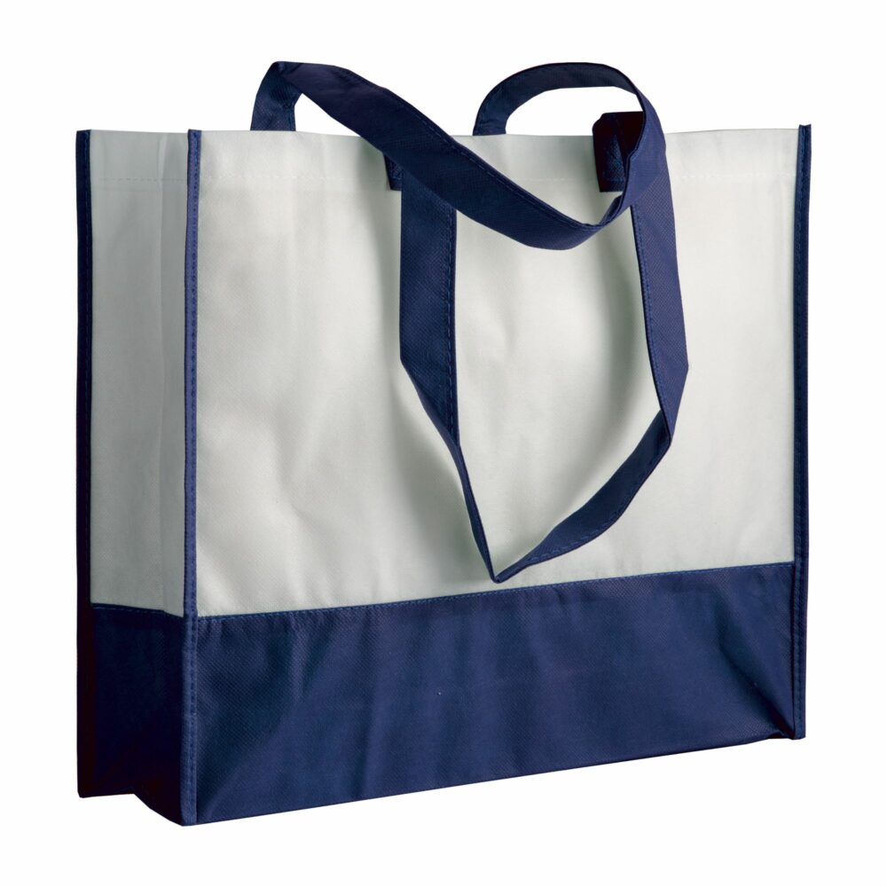 Boutiquetasche Livigno zweifarbig Non-Woven PP-Vlies in Weiß-Dunkelblau – 80 g/m², 35x40x12 cm, dunkelblaue Henkel und Paspeln, bedruckbar