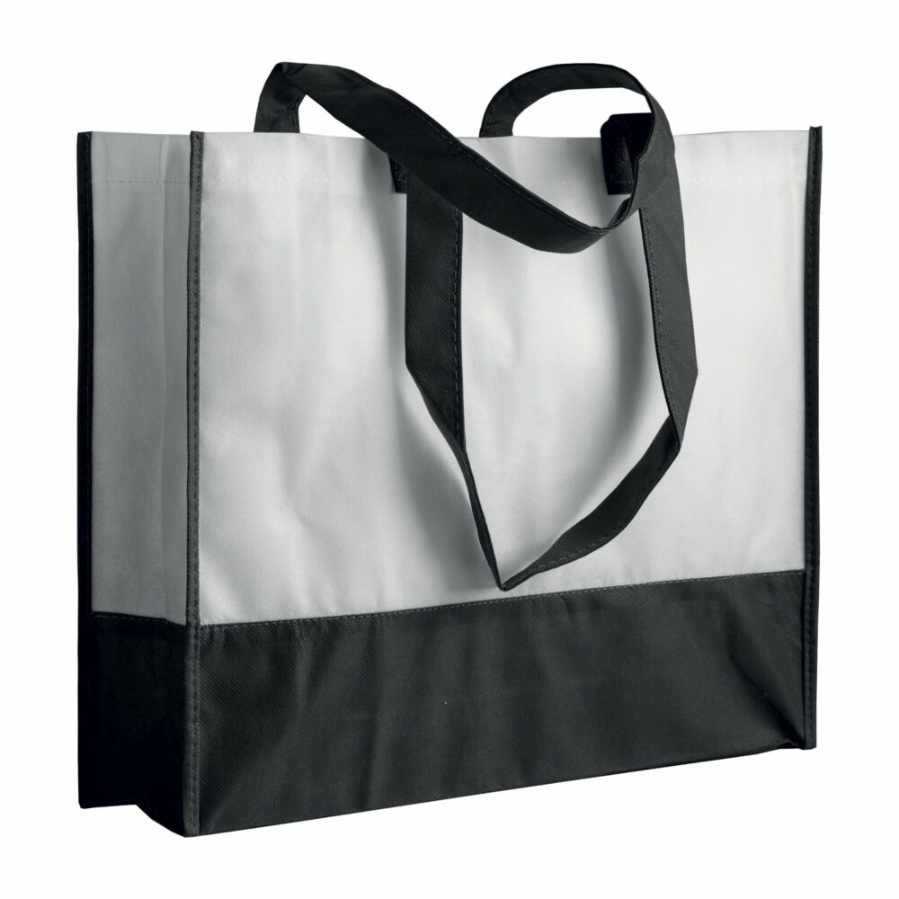 Boutiquetasche Livigno zweifarbig Non-Woven PP-Vlies in Weiß-Schwarz – 80 g/m², 35x40x12 cm, schwarze Henkel und Paspeln, bedruckbar