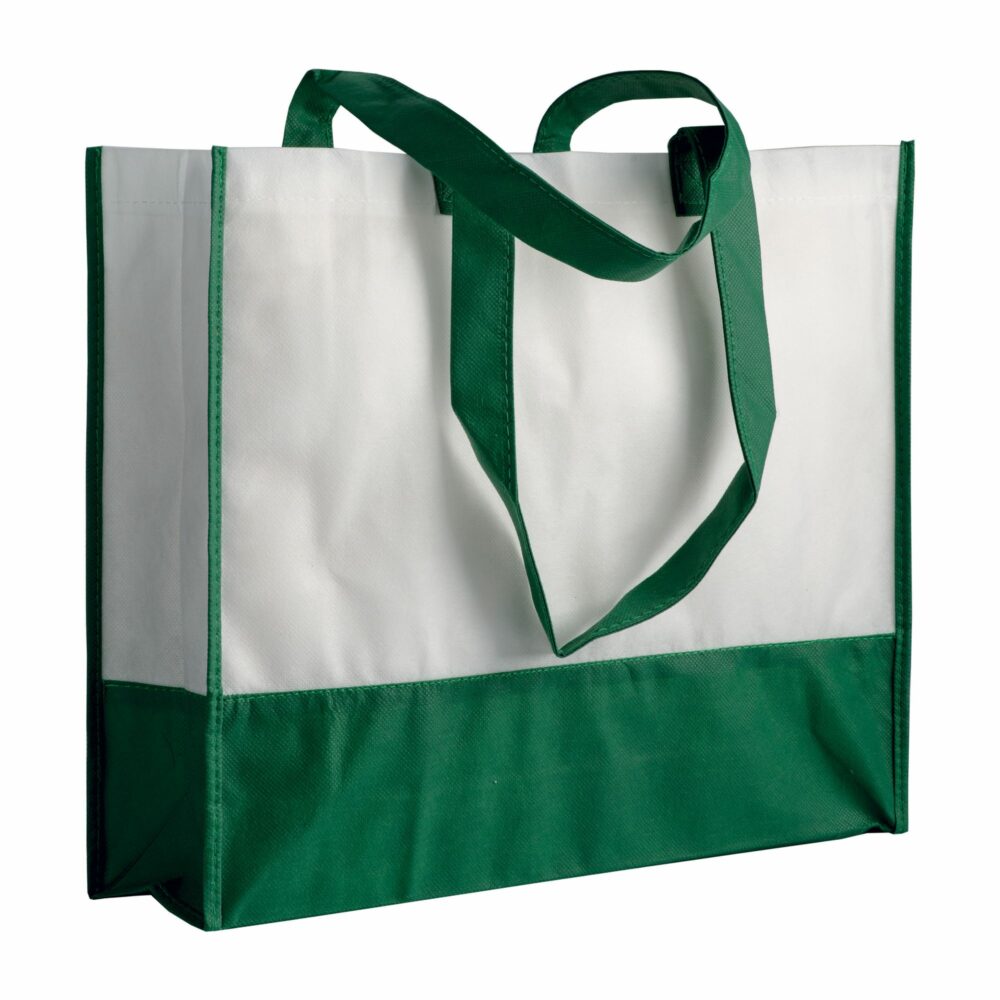 Boutiquetasche Livigno zweifarbig Non-Woven PP-Vlies in Weiß-Grün – 80 g/m², 35x40x12 cm, grüne Henkel und Paspeln, bedrucken