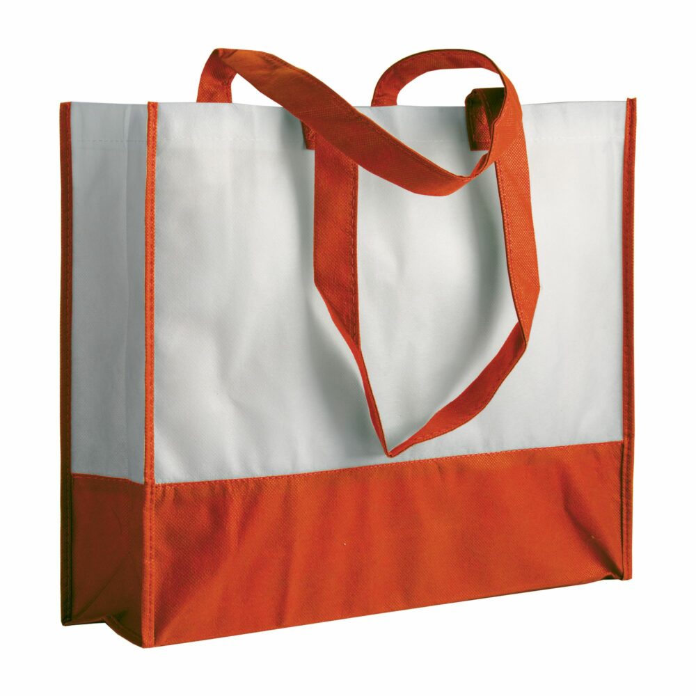Boutiquetasche Livigno zweifarbig Non-Woven PP-Vlies in Weiß-Orange – 80 g/m², 35x40x12 cm, orange Henkel und Paspeln, bedruckbar