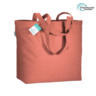 Einkaufstasche Biene Recycling Baumwolle in Rot– 190 g/m², 50x36x13 cm, lange Henkel, Bodenfalte, GRS-zertifiziert, jetzt bedrucken