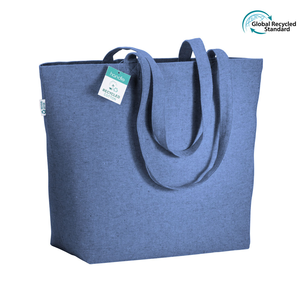 Einkaufstasche Nerz Recycling Baumwolle in Blau – 280 g/m², 50x37x17 cm, Bodenfalte, lange Henkel, GRS-zertifiziert, bedrucken